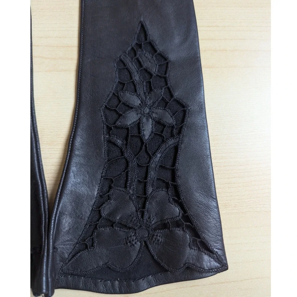 Vintage Black Leather Opera Length Gloves Floral Lace Cutout Unlined Evening